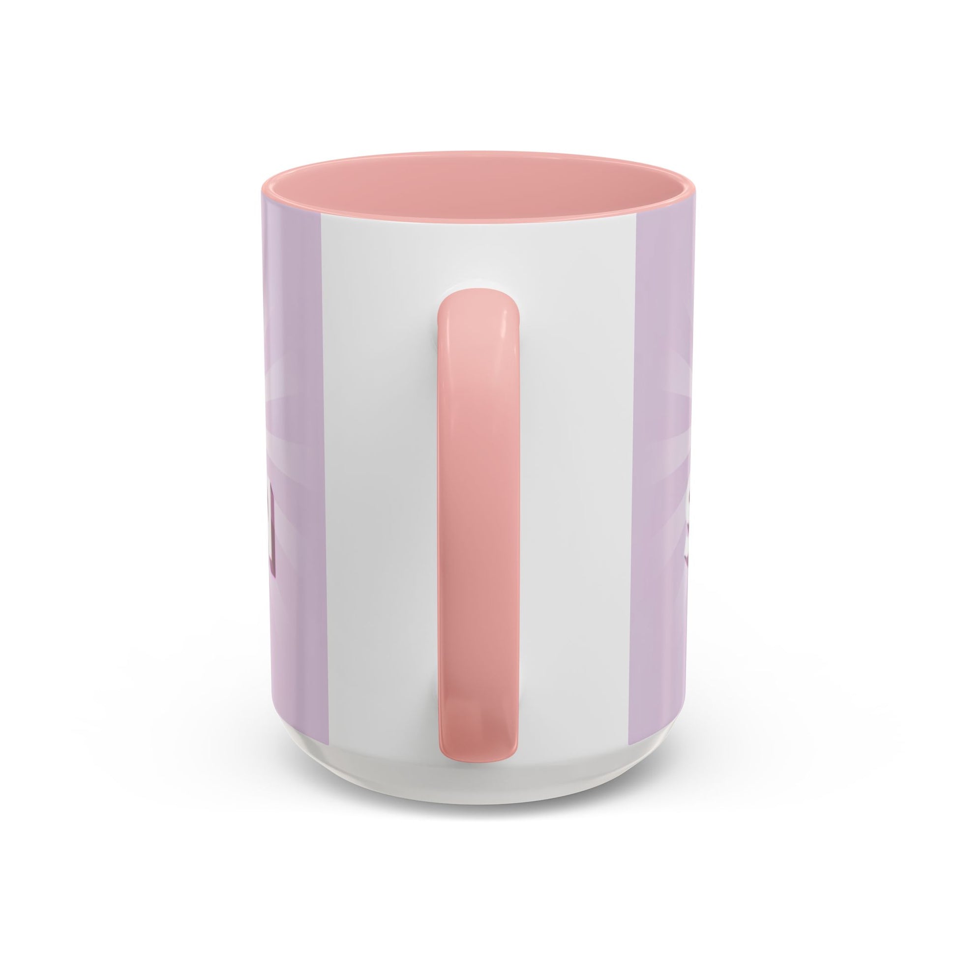 back view of Custom ceramic mug featuring elegant typography and unique artwork with pink interior colour 