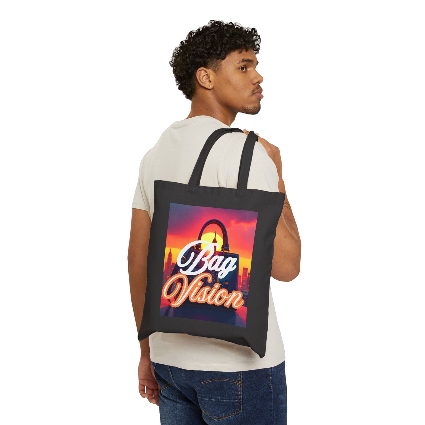 Model carrying a stylish and eco-friendly organic cotton custom tote bag for daily use