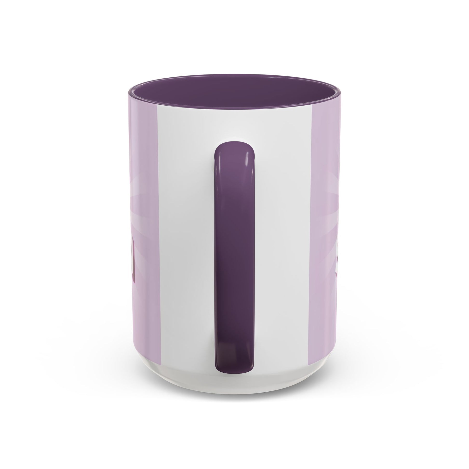 back view of Custom ceramic mug featuring elegant typography and unique artwork with purple interior colour 