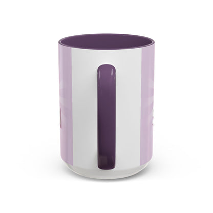 back view of Custom ceramic mug featuring elegant typography and unique artwork with purple interior colour 