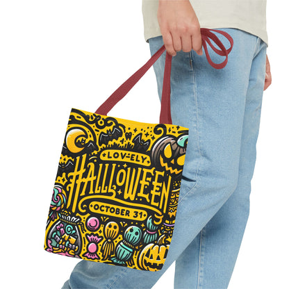 Model walking with a lightweight and reusable Halloween tote bag, ideal for shopping and errands.