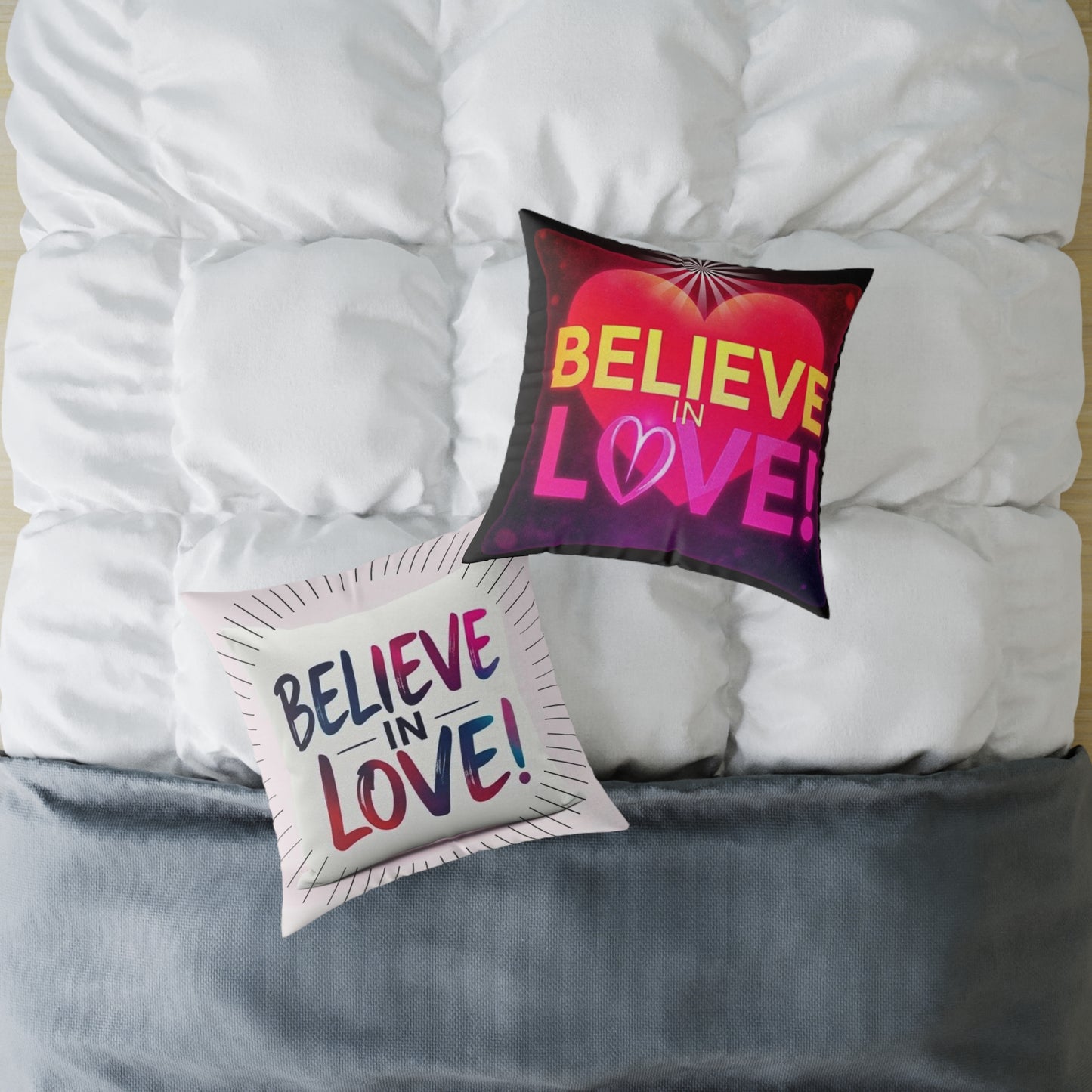 Inspirational Square Poly Canvas Pillow - "Believe in Love!"