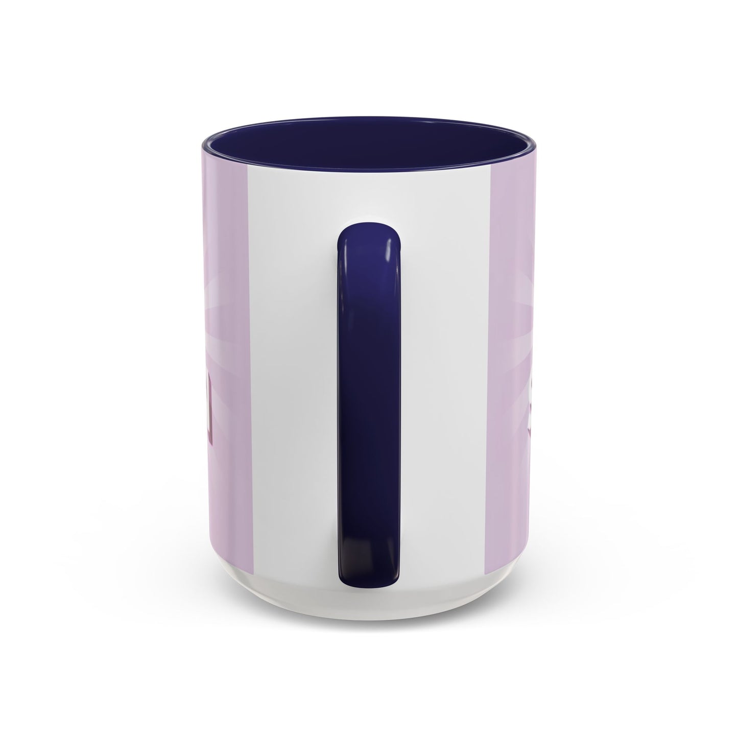 back view  of Custom ceramic mug featuring elegant typography and unique artwork with blue interior colour 