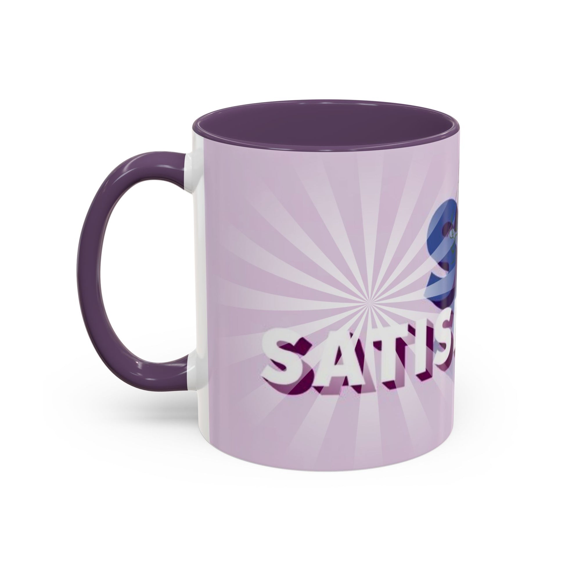 left view of Custom ceramic mug featuring elegant typography and unique artwork with purple interior colour 