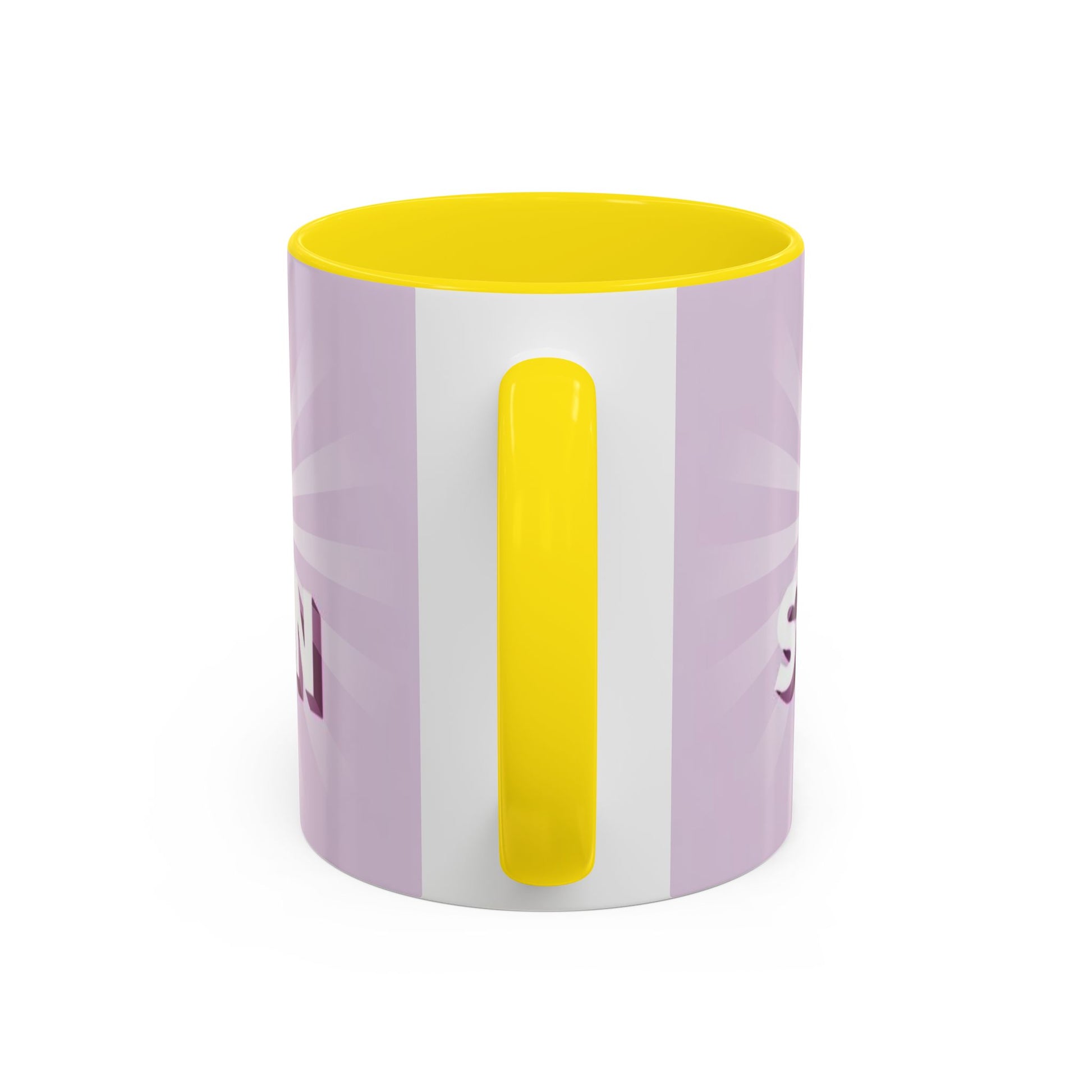 back view of Custom ceramic mug featuring elegant typography and unique artwork with yellow interior colour 