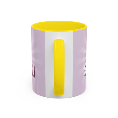 back view of Custom ceramic mug featuring elegant typography and unique artwork with yellow interior colour 