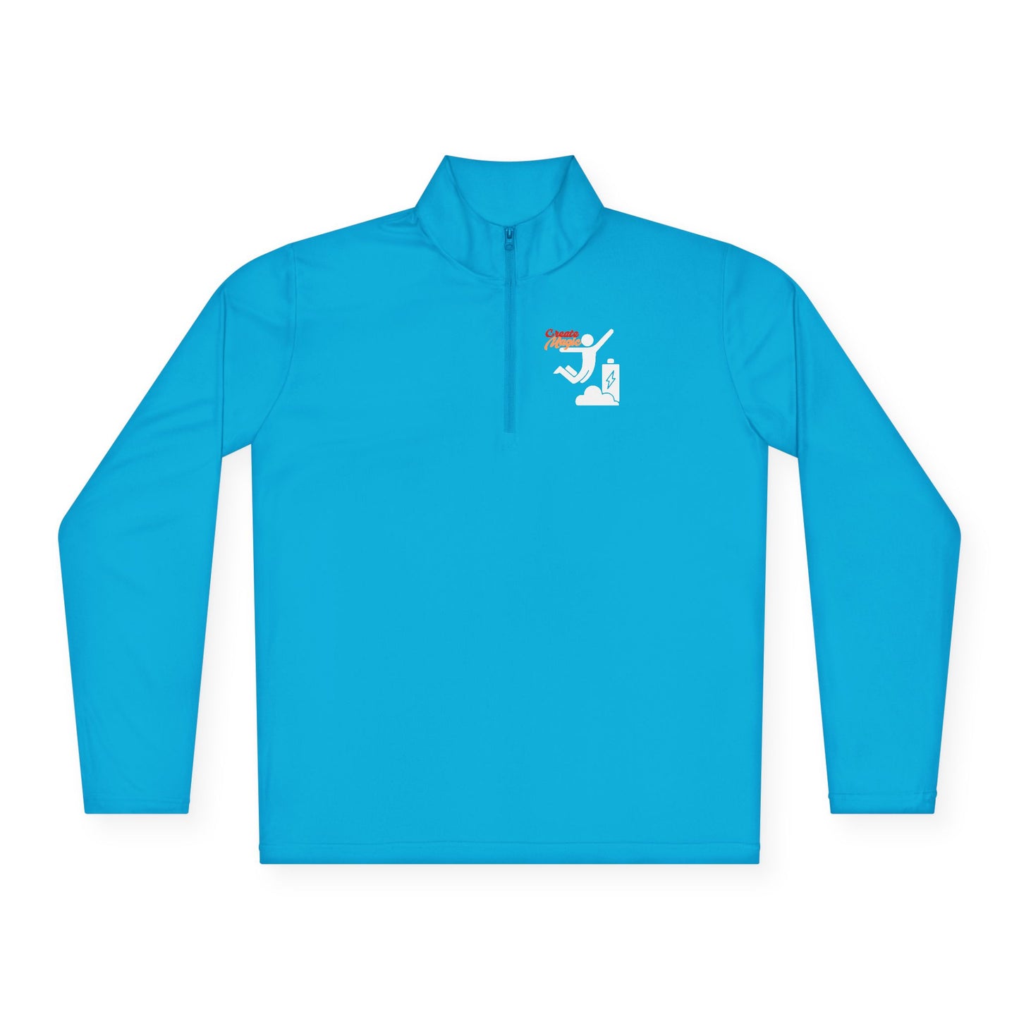 Modern unisex quarter-zip 
 blue sweatshirt with a stylish graphic design and a relaxed fit