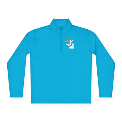 Modern unisex quarter-zip 
 blue sweatshirt with a stylish graphic design and a relaxed fit