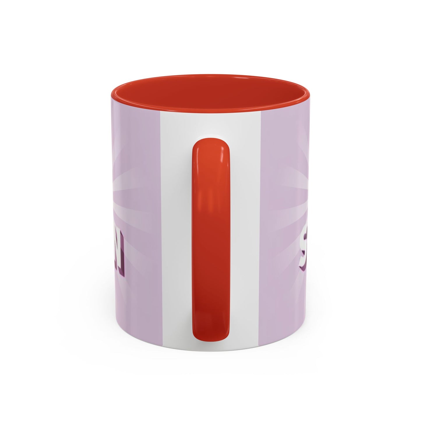 back view of Custom ceramic mug featuring elegant typography and unique artwork with red interior colour 