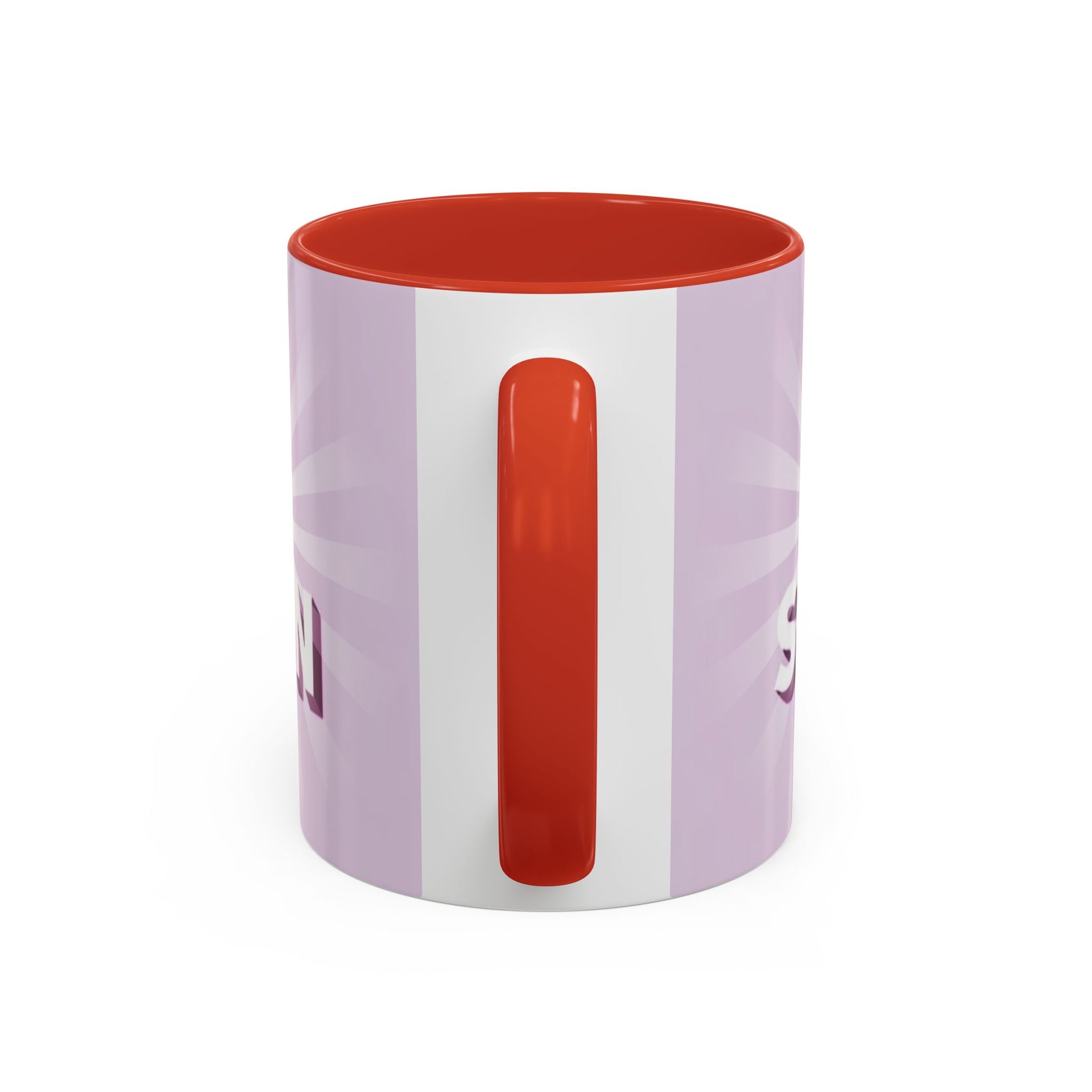 back view of Custom ceramic mug featuring elegant typography and unique artwork with red interior colour 