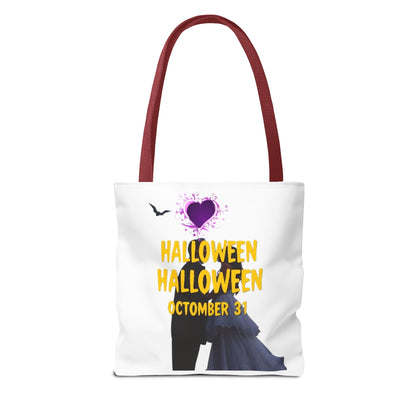 back view of Sustainable and fashionable Halloween tote bag with red handle, perfect for daily use."