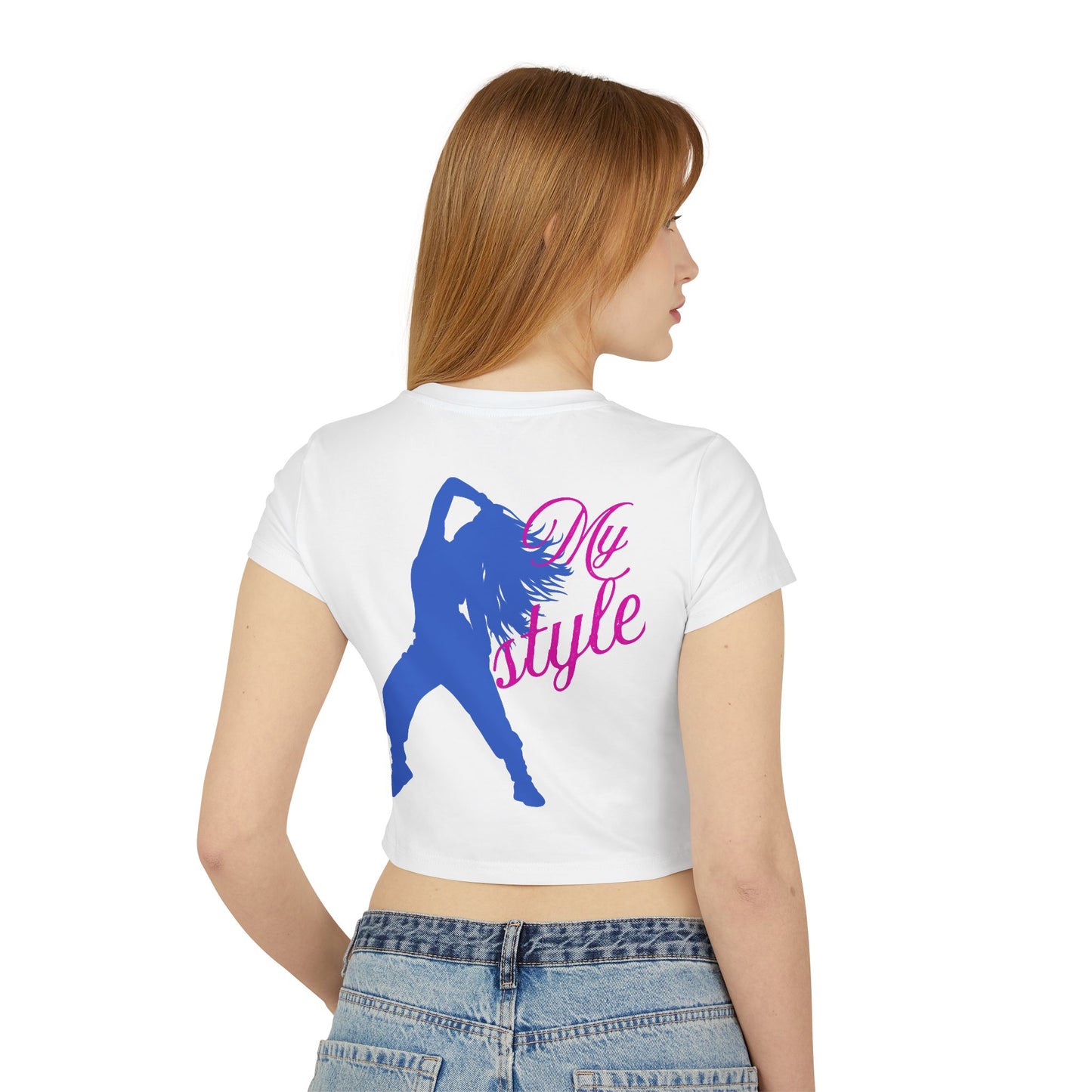 Confident model showcasing a soft and breathable cropped t-shirt with a modern graphic design