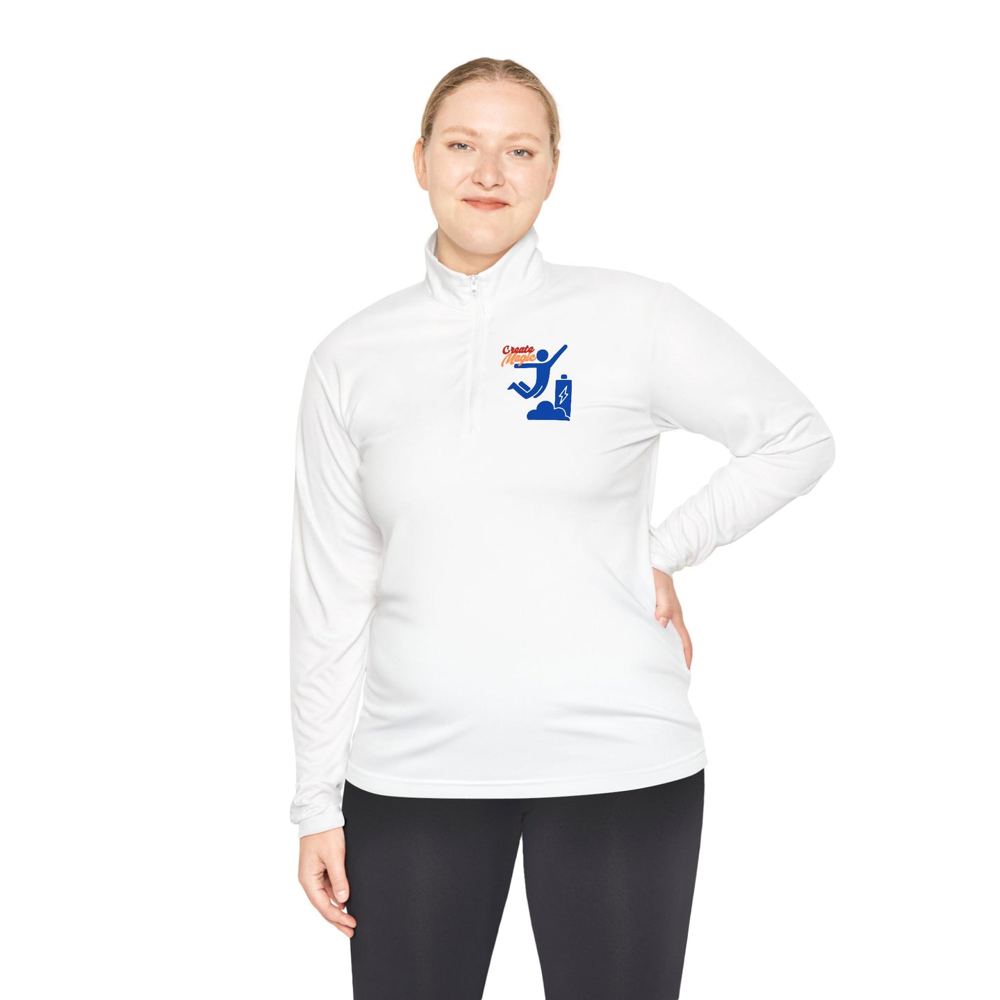 : Casual and fashionable quarter-zip  white sweatshirt styled with jeans for a modern streetwear look