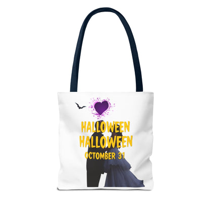 back view of Sustainable and fashionable Halloween tote bag with blue handle, perfect for daily use.