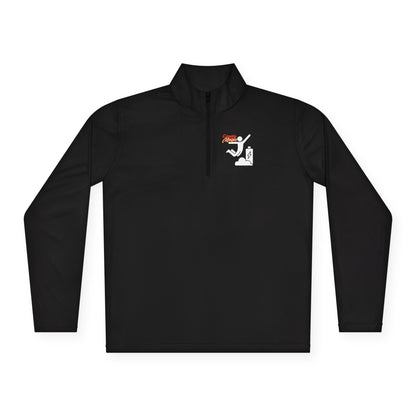 Modern unisex quarter-zip black sweatshirt with a stylish graphic design and a relaxed fit