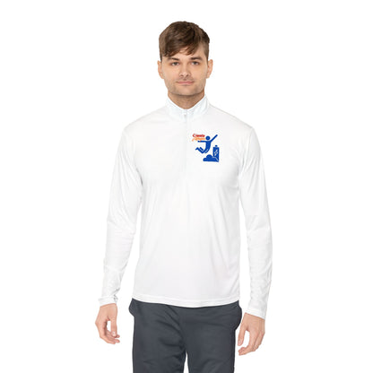 Casual and fashionable quarter-zip sweatshirt styled for unisex with jeans for a modern streetwear look