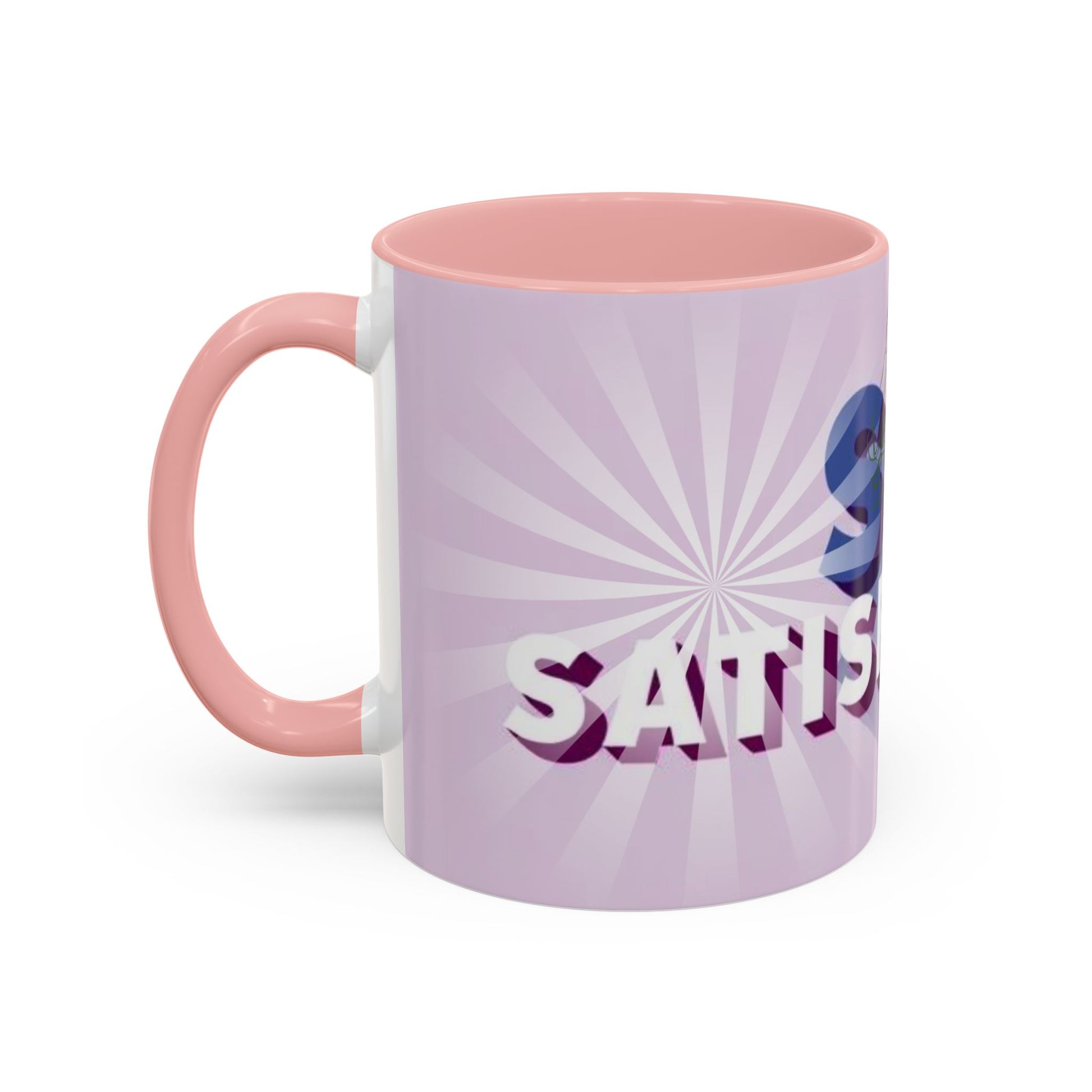 left view of Custom ceramic mug featuring elegant typography and unique artwork with pink interior colour 