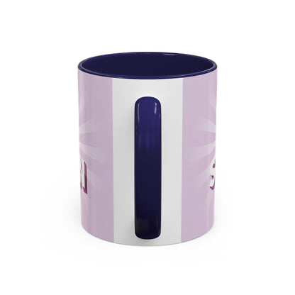 back view of Custom ceramic mug featuring elegant typography and unique artwork with blue colour interior