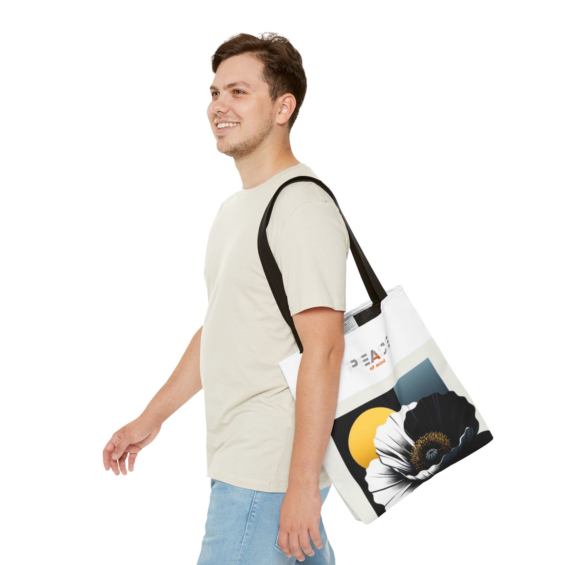 Model carrying a reusable black handed tote bag, ideal for sustainable fashion and daily wear.