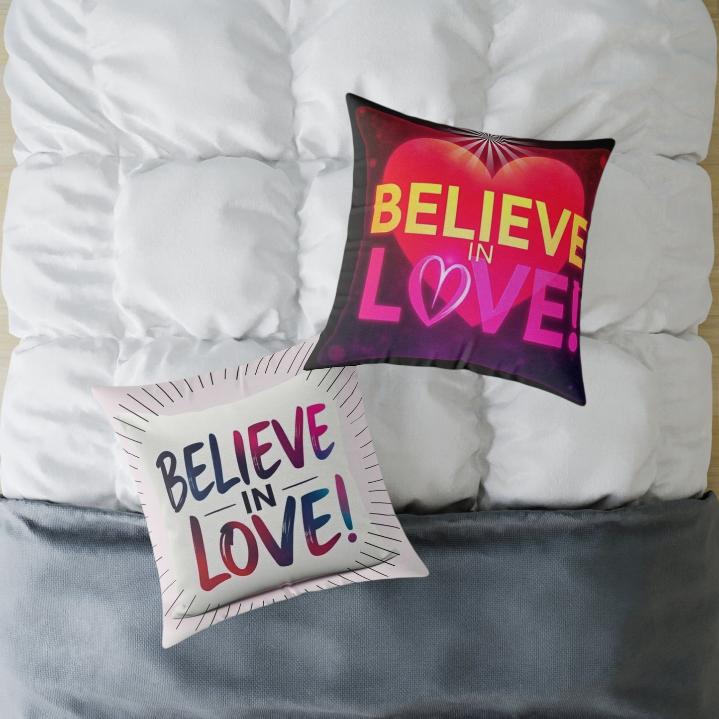 Inspirational Square Poly Canvas Pillow - "Believe in Love!"