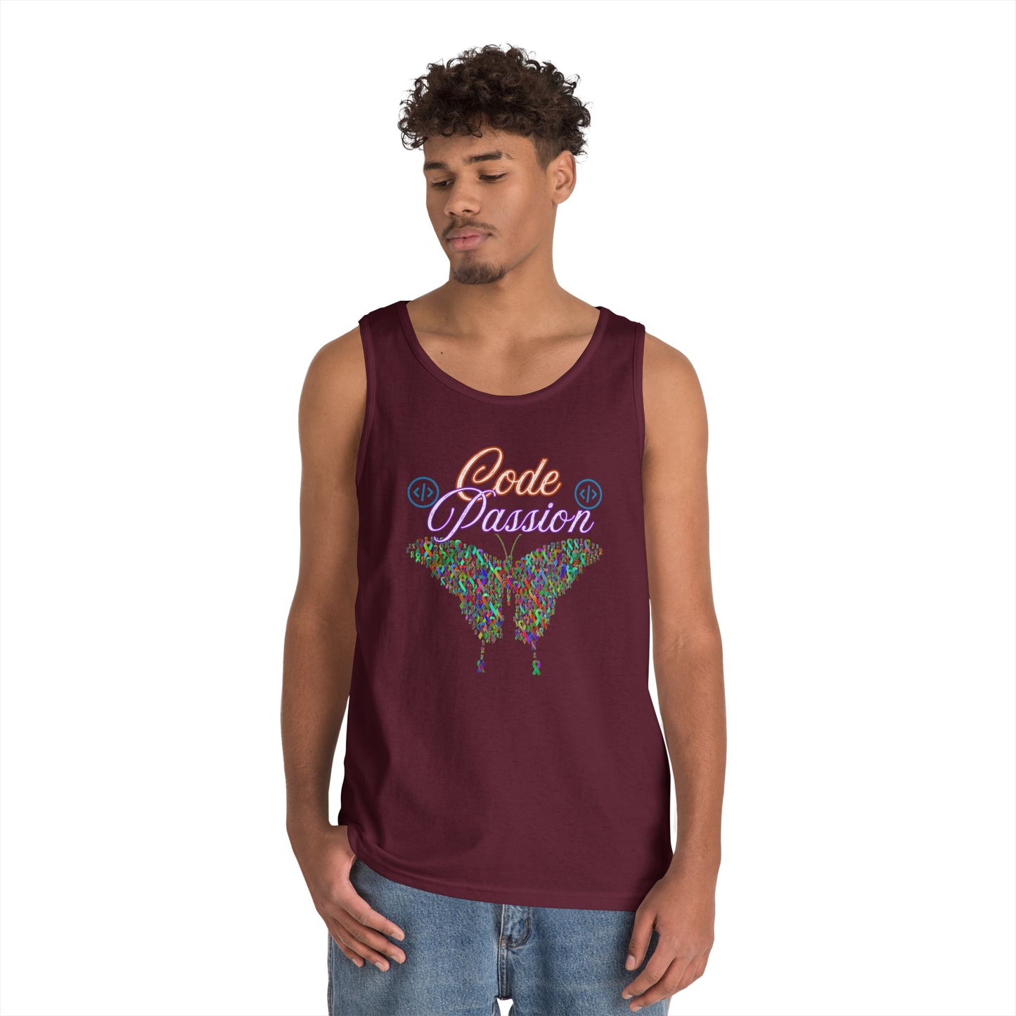 Unisex Heavy Cotton Tank Top – Colorful Coding Design for Tech Enthusiasts | Code Passion