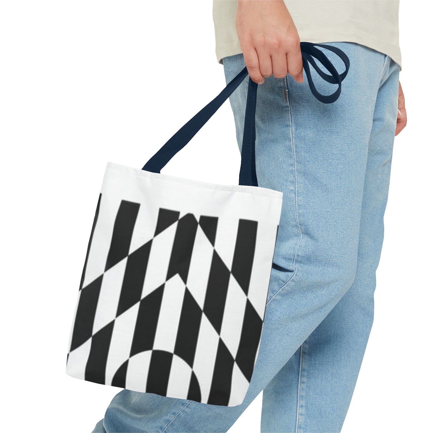 Model carrying a fashionable and sustainable blue handled tote bag, perfect for daily use.