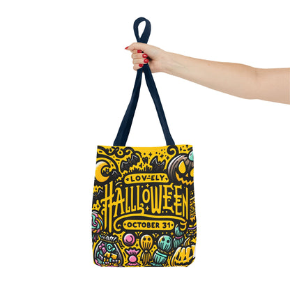 Minimalist fashion model holding a stylish and sustainable Halloween tote bag with blue handle.