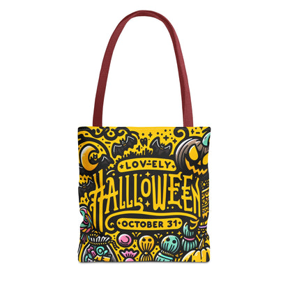 Sustainable and fashionable Halloween tote bag with red handle, perfect for daily use.