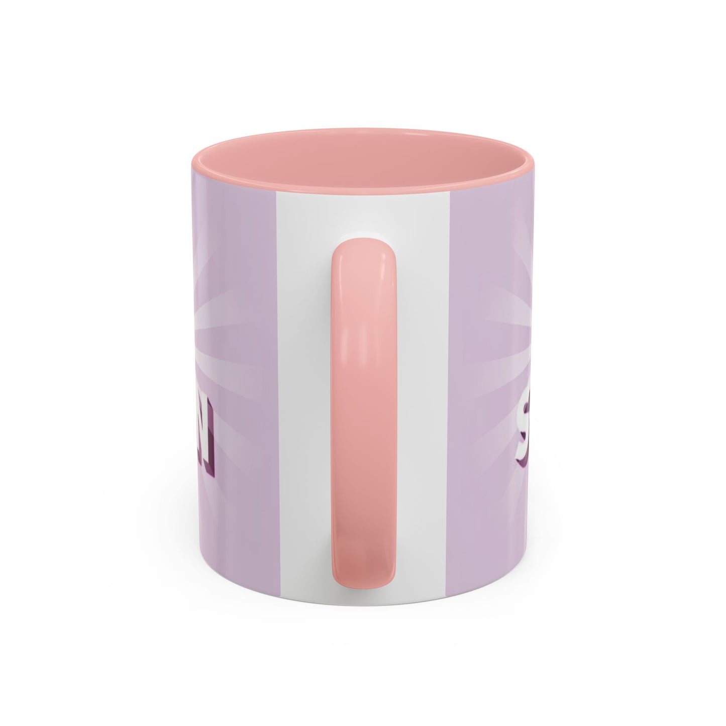 back view of Custom ceramic mug featuring elegant typography and unique artwork with pink interior colour 