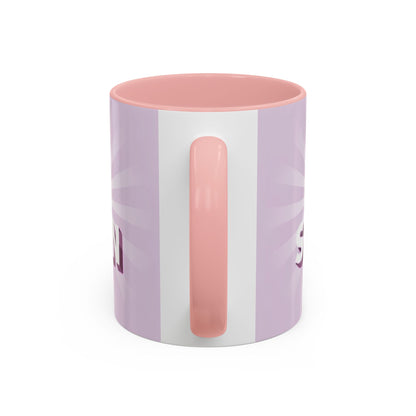 back view of Custom ceramic mug featuring elegant typography and unique artwork with pink interior colour 