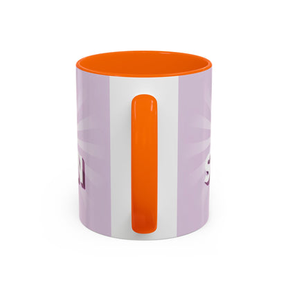 back view of Custom ceramic mug featuring elegant typography and unique artwork with orange interior colour 