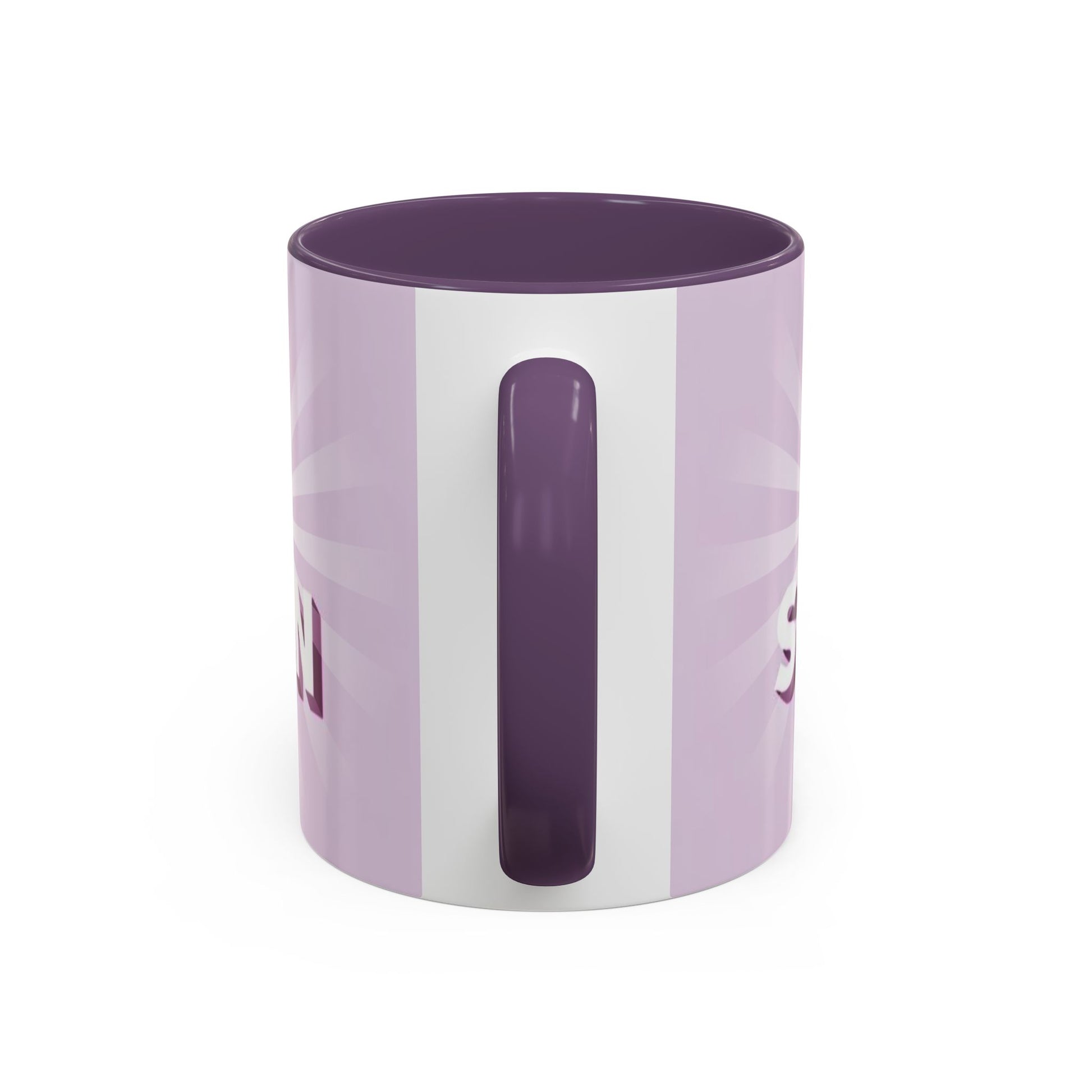 back view of Custom ceramic mug featuring elegant typography and unique artwork with purple interior colour 