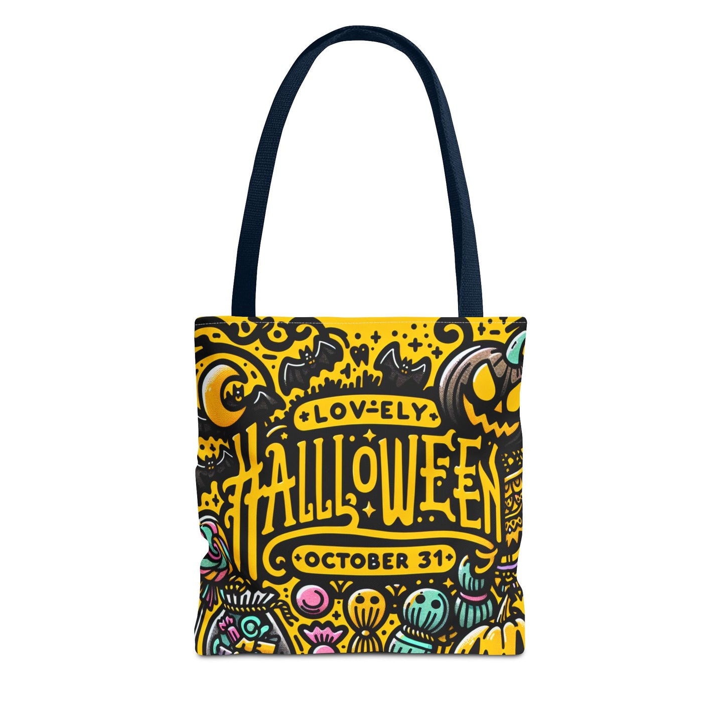 Sustainable and fashionable Halloween tote bag with blue handle, perfect for daily use."