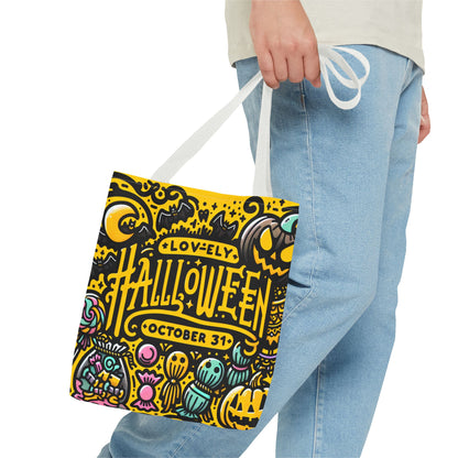 Model carrying a stylish and eco-friendly reusable Halloween tote bag for everyday use.