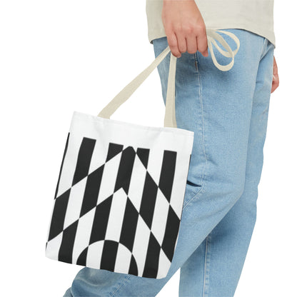 Model carrying a fashionable and sustainable white handled tote bag, perfect for daily use.