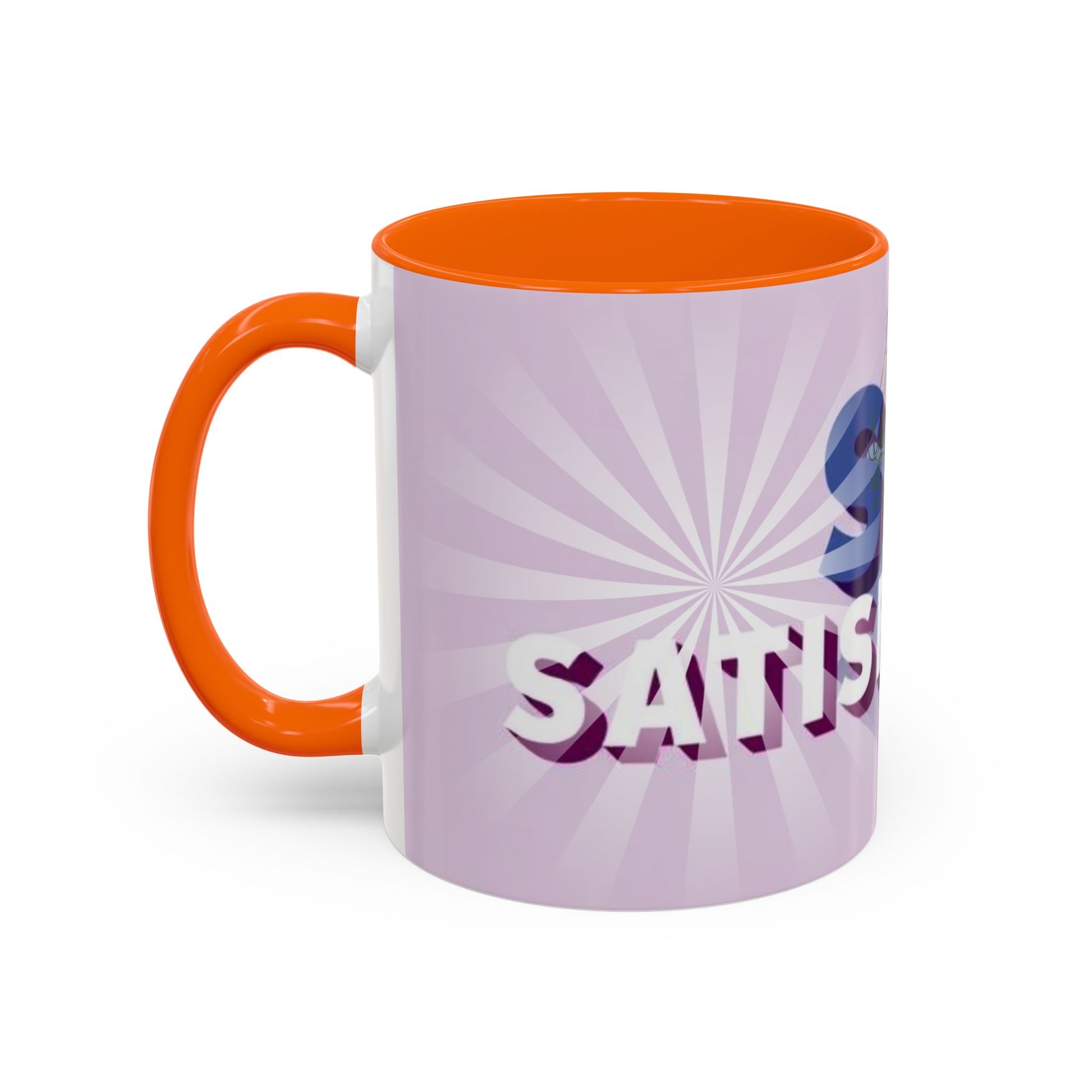 left view of Custom ceramic mug featuring elegant typography and unique artwork with orange interior colour 