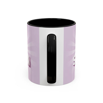 back view of Custom ceramic mug featuring elegant typography and unique artwork with black colour interior