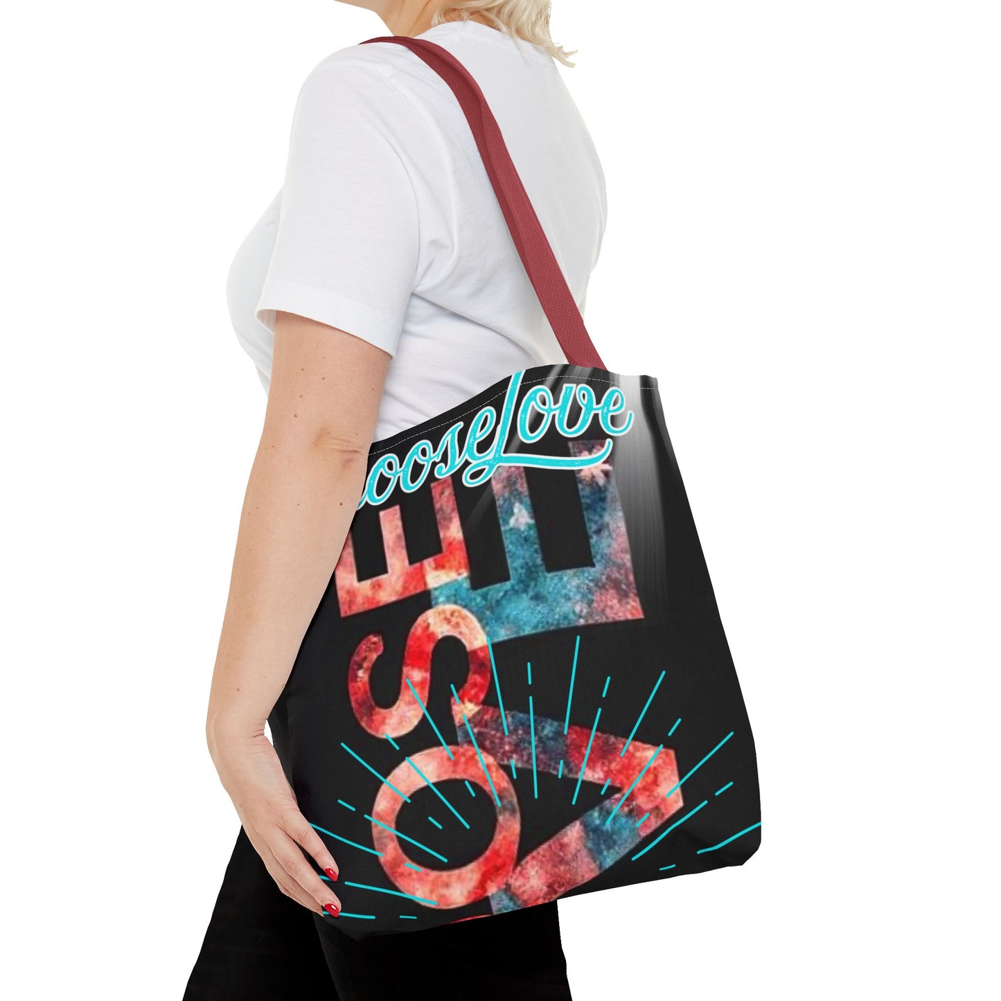 Young woman holding a minimalist wine handle cotton tote bag – perfect for work, shopping, or travel.