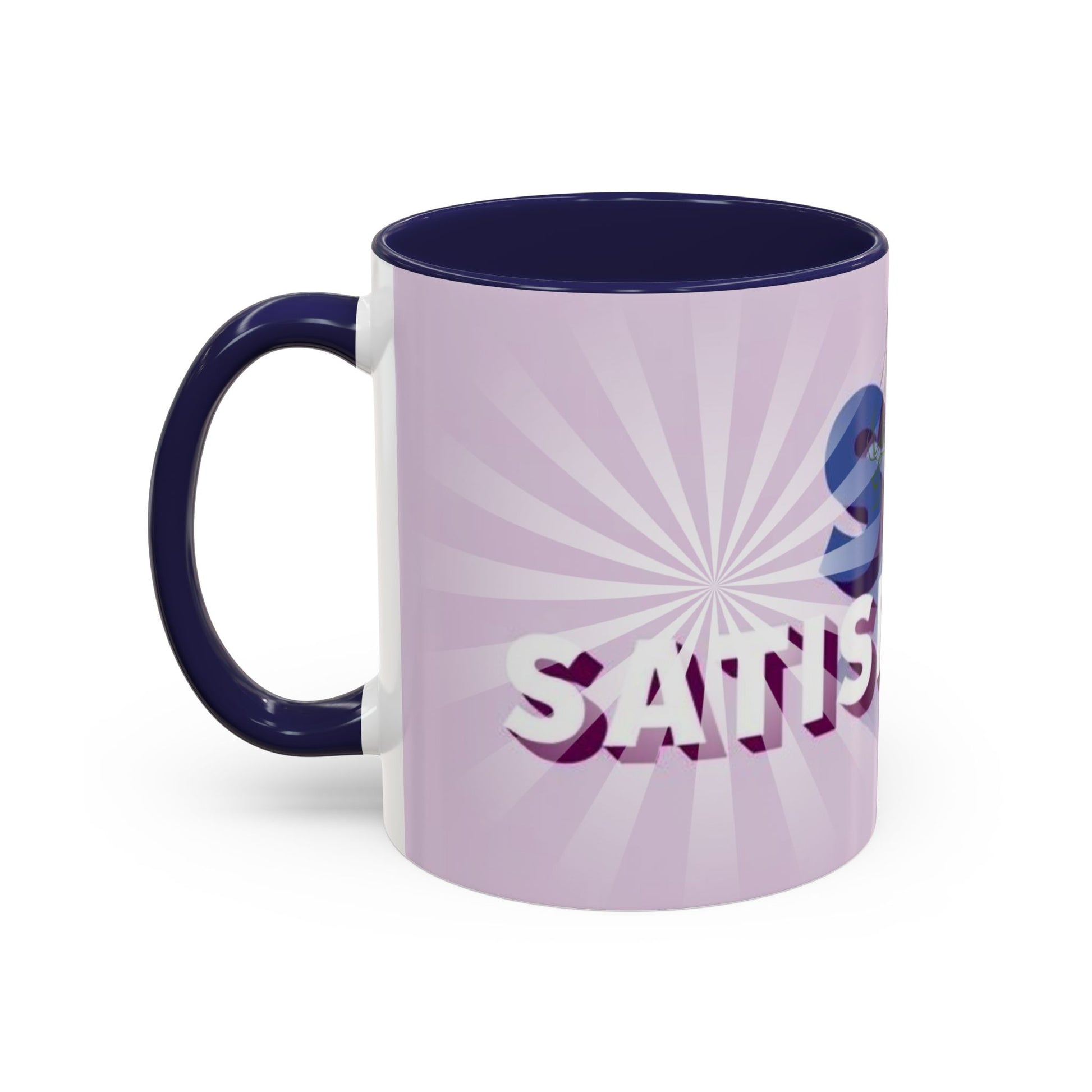 left side view of Custom ceramic mug featuring elegant typography and unique artwork with blue colour interior